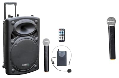 Ibiza - PORT15VHF-BT - Enceinte Portable 15/800W Max avec 2 micros (VHF), télécommande & PORTHAND12 - Micro Main sans Fil VHF 207,5MHz pour Le PORT8VHF-BT, PORT10VHF-BT