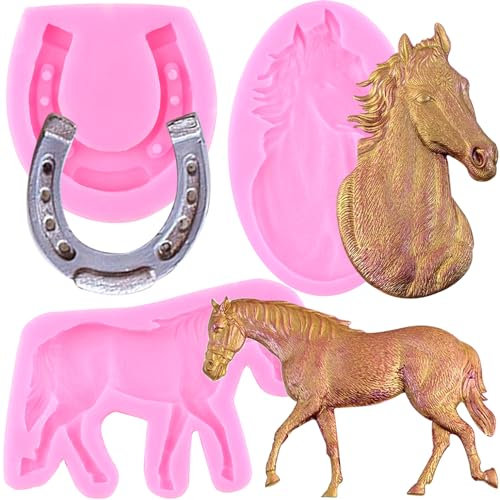 RFGHAC Pferd Silikonform Hufeisen Huffondant Formen Pferdekopf Süßigkeitenform für Zucker Kuchen Dekorieren Cupcake Topper Schokolade Gummipaste Polymer Clay 3 Stück