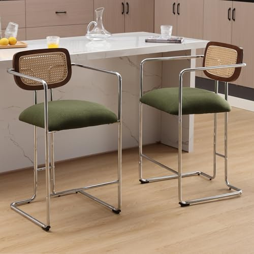 chairus Barhocker Leinen Gepolstert 2er Set Grün | Leinen-Bezug, gepolstert, für Küche, Esszimmer, Tresen, Wohnzimmer, Schlafzimmer