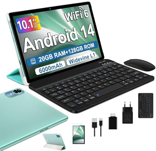 fezawio Tablette 10 Pouces Tablette Android 14 Tablette Tactile 20GO RAM + 128GO ROM (1tb TF) Widevine L1/ 5GWiFi 6/ Bluetooth 5.0/Octa-Core Tablette avec Clavier et Souris -Vert