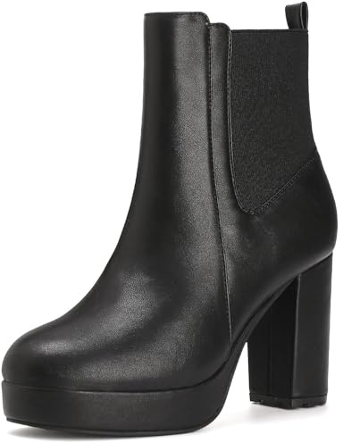 Putu Women's Chunky High Heel Ankle Boots Dressy Booties with Zipper Round Toe Platform Booties Black 9