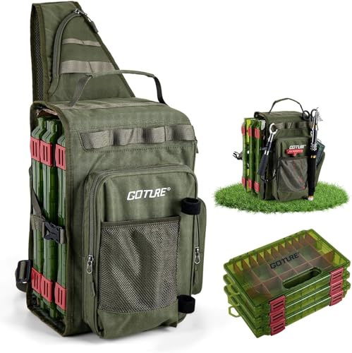 Goture Angeltasche mit 3 Köderboxen, 900D Oxford, Wasserdicht, Crossbody | Crossbody-Brusttasche mit verstellbarem Riemen, mehreren Fächern, ideal für Wandern, Camping, Angeln und Reisen