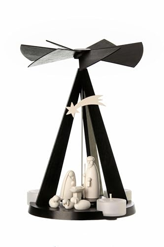 Rudolphs Schatzkiste Teelichtpyramide Moderne Schwarze Miniatur-Dreieckform mit Heller Christi Geburt Szene BxHxT 19x26x19cm Pyramide Schwarz Weiß Christgeburt Teelichtpyramide Modern
