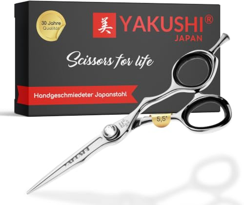 YAKUSHI KESSHO Haarschneideschere 5,5'' I Special-Line I Schere aus Titanium Japanstahl inkl. Verkleinerungs-Fingerringe I Rasiermesserscharfe Friseurschere mit integriertem Fingerhalter