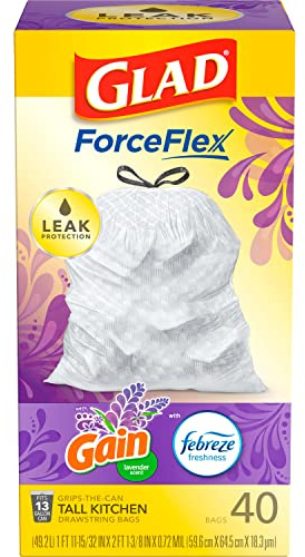 Glad ForceFlex Tall Kitchen Trash Bags, 13 Gallon, Gain Lavender, 40 Count (Package May Vary)