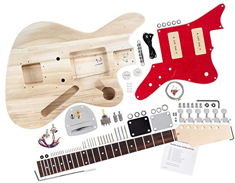 Rocktile E-Gitarren Bausatz JAG-Style, Do-it-yourself E-Gitarre Bausatz | Korpus: Pauwlonia, Hals: Ahorn geschraubt, Griffbrett: Palisander, Pickguard: rot, Tortoise-Shell-Style, DieCast-Mechaniken