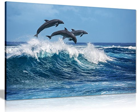 Delfiner hoppar över blå vågor ocean vilda djur kanvas väggkonst bildtryck (18 x 12)