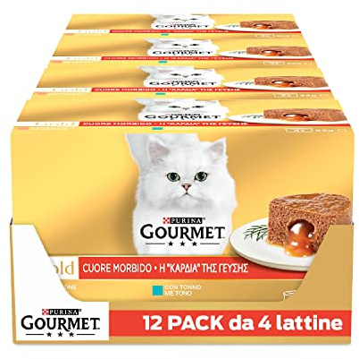 GOURMET Gold Cibo Umido per Gatti Adulti Mousse con Tonno e Salmone Cuore Morbido 48 Lattine da 85 g