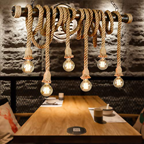 YZSJ Hanfseil Pendelleuchte Vintage Seil Hängeleuchte Retro Handgewebte Hängeleuchte Eisen Industrie Antik Kronleuchter Esstisch Restaurant Bar Loft Höhenverstellbar Pendellampe Beleuchtung Light