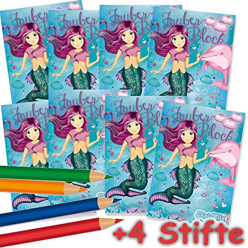 Lutz Mauder 8 x Zauberblöckchen * MEERJUNGFRAU Coralie * in DIN A8 Plus Buntstifte im Set | Zauberblock Mitgebsel für Kindergeburtstag | Nixe Nixen Seamaid