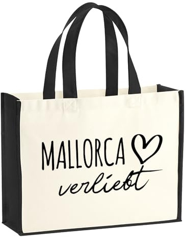 Huuraa Jutetasche Mallorca verliebt Geschenk | Großer Shopper 21 Liter Juteshopper Black Tasche aus Jute und Baumwolle Einkaufstasche Geschenkidee Tragetasche mit Motiv