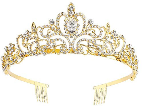 Makone Tiara-Krone aus Kristall mit Strasskamm für Brautkrone, Hochzeit, Abschlussball, Festzug, Prinzessinnenpartys (Gold)