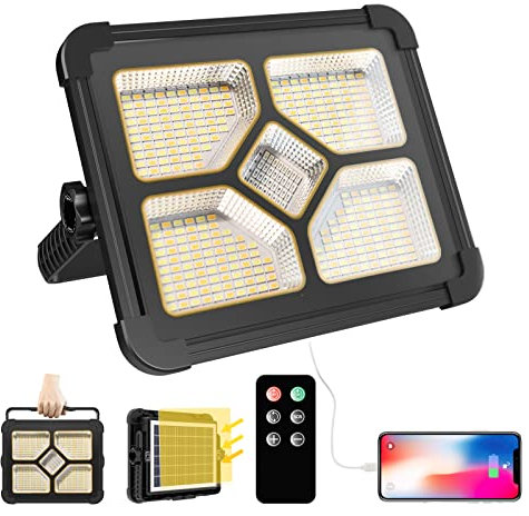 iodoo 200W LED Baustrahler Solar Wiederaufladbar Mit Fernbedienung, Akku Arbeitsstrahler Tragbare Campinglampe mit 20600mAh Powerbank,20000 Lumen Scheinwerfer für Angeln Notfall Baustelle Garage