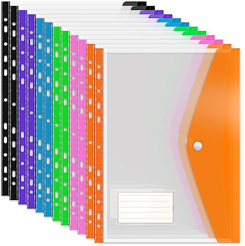 Punched Pockets Plastic Wallets, 12Pcs A4 File Folders for Document Paperwork Clear Assorted Coloured Envelope with Label Pocket Snap Button Ring Binder Home School Office Supplies