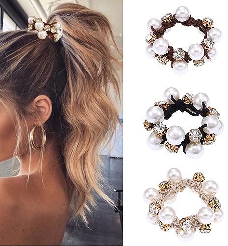 Yean Cintas elásticas para el cabello negras con perlas para el pelo, accesorios para el cabello para mujeres y niñas (paquete de 3) (A)