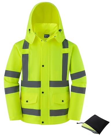Ubon Men's Reflective Rain Jacket, Waterproof Hi Vis Rain Coat Safety High Visibility Raincoat with Detachable Hood, Yellow, Medium