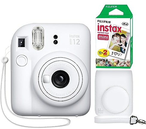 Fujifilm Instax Mini 12 Instant Camera Clay White + Minimate Custom Case + Fuji Instax Film 20 Sheets Twin Pack