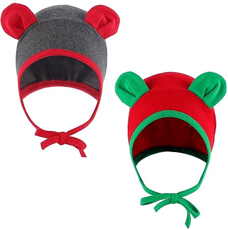 LACOFIA Baby Jungen Mädchen Mütze Kleinkind Weiche Baumwolle Beanie Hut Baby Earflap Winddicht Bär Mütze 2 Stücke Rot+Dunkelgrau 9-24 Monate M