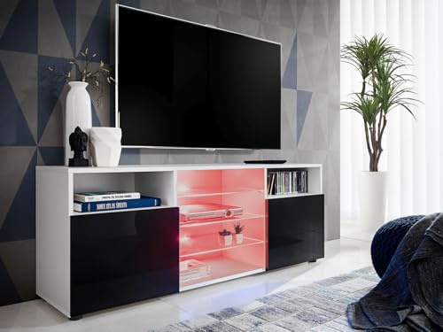 Komodee, Meuble Banc TV Urbino, Blanc Noir, Largeur 140cm x Hauteur 53cm x Profondeur 35cm, LED RGB, pour Salon, Chambre