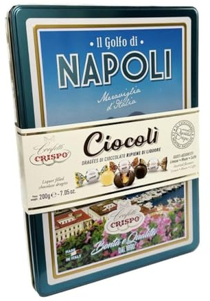 Crispo Cioccolatini Ciocolì - Elegante Scatola in Latta con Rappresentazione Città - Napoli, Firenze, Capri, Venezia, Milano, Roma - Cioccolatini Assortiti Limone, Rhum, Caffè (Napoli)