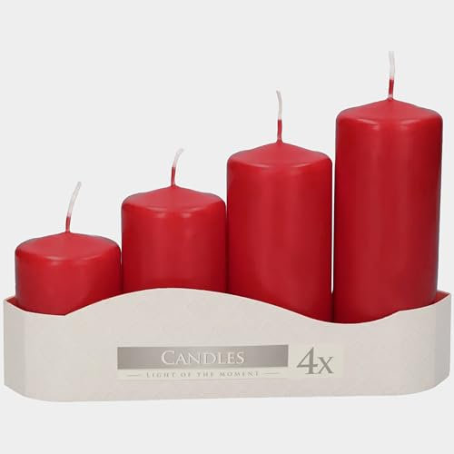 Bispol Lot de 4 bougies piliers de Noël rouge vif Ø 4,8 cm, hauteur 7, 9, 11, 13 cm, durée de combustion 33 heures – Décoration parfaite des bougies de l'Avent pour une ambiance festive