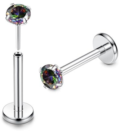 Adramata G23 Titan Lippenpiercing Labret Piercing 16G Threadless Push-in Tragus Piercing CZ Ohrpiercing Schmuck für Monroe/Medusa/Helix/Tragus Ohrring–Nasenpiercing Stecker für Damen Herren(2Pcs),4