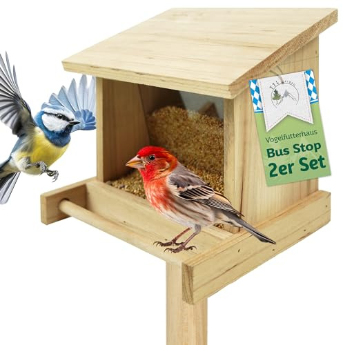 TTL GARDEN Vogelfutterhaus Bus Stop 2er Set 20x19x16cm aus Tannenholz Natur | - Vogelhaus Holz zum aufhängen mit Schnur 2er Set - Vogel Futterstationen wetterfestes Vogelhäuschen Balkon Garten Ständer