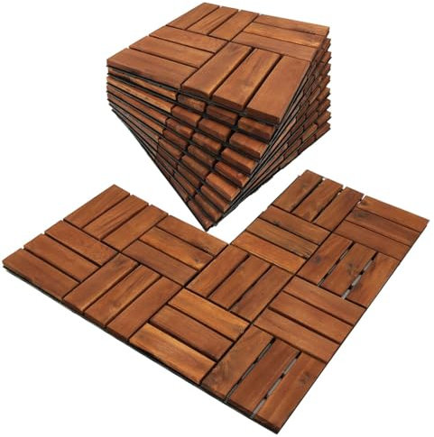 2m² Holzfliesen Terrassenfliesen Holz Fliesen Mosaik 30x30 cm - 22 STK Balkonfliesen wetterfest aus Akazienholz mit Klicksystem für Terrasse Balkon Stecksystem