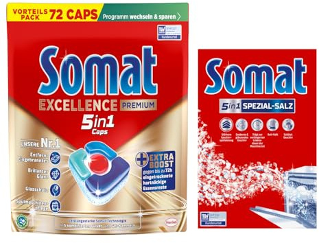 SOMAT 4in1 Caps 2x67 (134) AW Excellence, schnellauflösende Spülmaschinentabs mit Extra Boost, entfernen selbst hartnäckige Essensreste + Somat Duo Power Experten Spezial-Salz 1,2kg