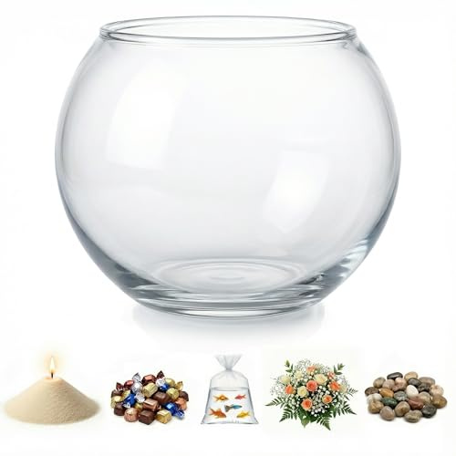 Glass Fish Bowl, Decorative Glass Bowl, Round Vase for Flowers and Decoration, Bowl for Sand Candles, Terrarium Bowl, Sphere Vase (5.7x4.5 inches)