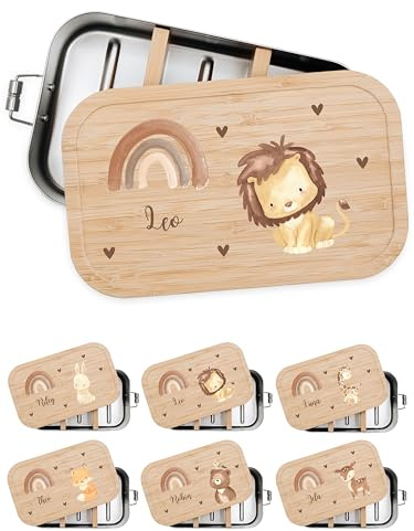 Bärenfreunde® - Personalisierte Brotdose für Kinder mit Spezial-Druck - Robuste Edelstahl Brotdose - Personalisierte Geschenke für Kinder & Erwachsene (Löwe,klein Weißblech)