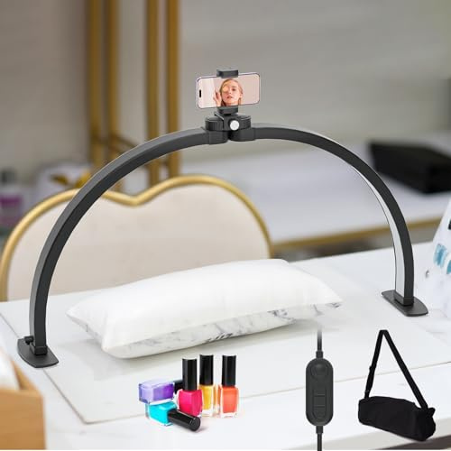 TopDirect Halbmond-Lampe, 29 Zoll, 42 W, Lampe zur Verlängerung der Wimpern mit Telefonhalterung, Schreibtischlampe für Kosmetiker, Nageltechniker und Kosmetiker, 3000 K-6500 K (Schwarz, 73 cm)