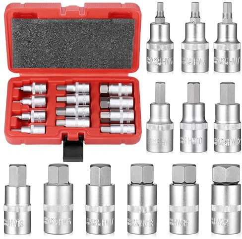 Juego de Llaves de Vaso Hexagonales, Métricas Llave de Vaso 5-22MM, Vaso de Acero CR-V Totalmente Pulido y Punta de Acero Aleado S2, 12 Piezas Llaves de Vaso con Estuche de Almacenamiento