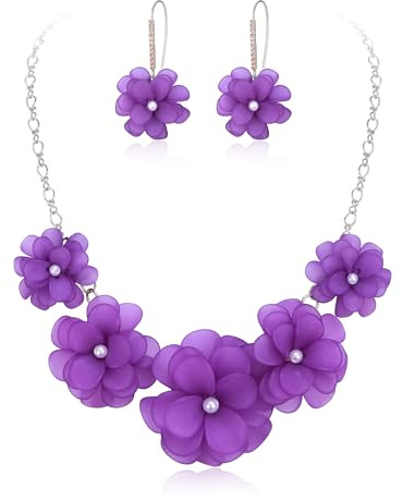 EVER FAITH Hell blaue Blume Statement Halskette Boho Sommer Urlaub Strand Schmuck Floral Kragen Halsketten mit Ohrringen für Damen