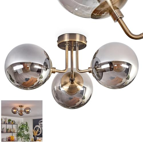 HOFSTEIN Deckenleuchte Cabalonga, 3-flammige Deckenlampe aus Metall/Glas in Messing/Rauchfarben, moderne Leuchte im Retro/Vintage-Design (Schirme Ø 15 cm), E14, Esszimmer, Wohnzimmer, Küche, Flur