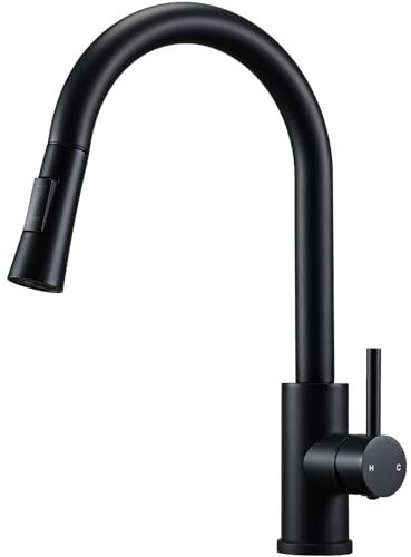 Sistaby Matt Black Kitchen Taps with Pull Out Spray Stainless Steel Single Lever Kitchen Mixer Tap with Pull Out Spray 2 Function 360° Swivel Faucet