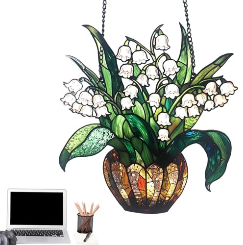 Liljekonvalj solfångare – vacker hängande glaskonst, blomdesign, fönsterdekoration | målat glas blomprydnad, väggdekoration, blomskylt med kedja, fönster-/dekoration