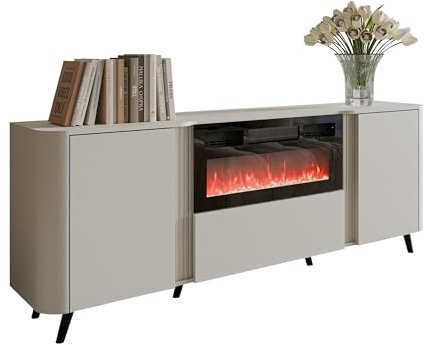 Mirjan24 Kommode Volkiro 200 EF mit Elektrischem Kamin mit Heizung, Realistische LED-Flamme, 3 Türen, Mehrzweckschrank, Highboard, Anrichte (Cashmere)