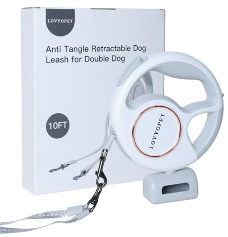 LovYoPet Retractable Two Dog Leash - Leash with LED Light, 360° Tangle-Free Swivel, Durable Stitching, One-Touch Lock, Ergonomic Grip - for Small to Medium (up to 33lb per Dog)