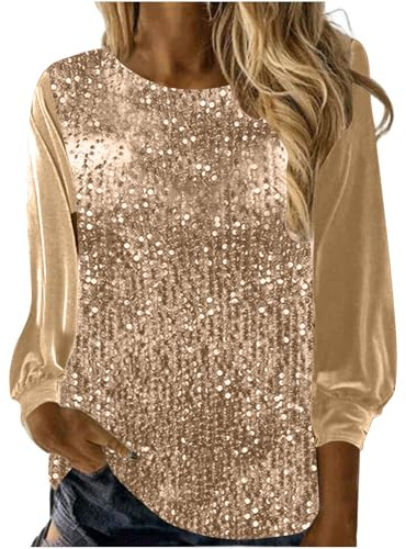 EMATOP Langarmshirt Damen Elegant Glitzer Oberteile Lässig Pailletten Blusen Tshirt Sexy V-Ausschnitt Tunika Tops Goldener Samt Festliche Pullover Baumwolle Einfarbig Longshirt Party Sommershirt