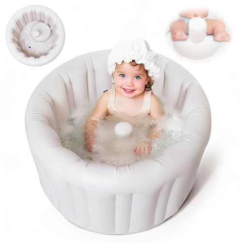 Aufblasbare Babybadewanne XL - Tragbare Kleinkindwanne für Dusche, reisefreundlich, leicht zu entleeren und zu falten, rutschfestes, dickes Kissen für Sicherheit, ideal für 12-24 Monate