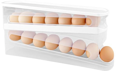 Legpador 2 Plantas Hueveras para Frigorífico, Organizador de Huevos, Dispensador De Huevos Enrollable Automático, Portahuevos Soporte Bandeja, Almacenamiento Huevera, con Capacidad para 12-14 Huevos