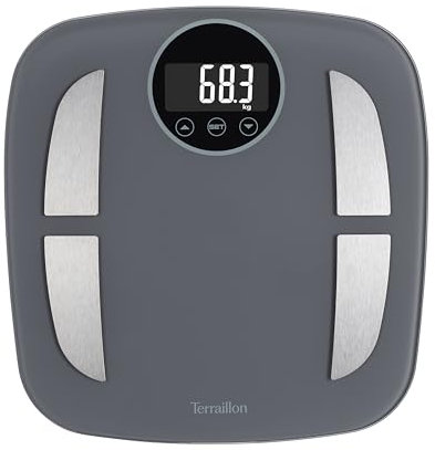 TERRAILLON - POWER FIT- Pèse personne électronique, Impédancemètre, Analyse des masses graisseuse, musculaire, hydrique, osseuse IMC, Gran écran rétro-éclairé, Capacité 160 kg, Plateau verre, Gris