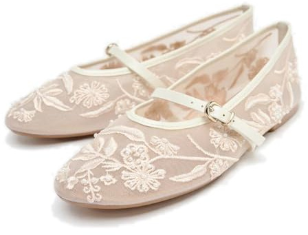 Mesh Ballet Flats for Women Embroidered Floral Mary Jane Flats Round Toe Slip On Ballerina Shoes Comfortable Casual Daily Dress Flat Shoes, White, 5.5 UK