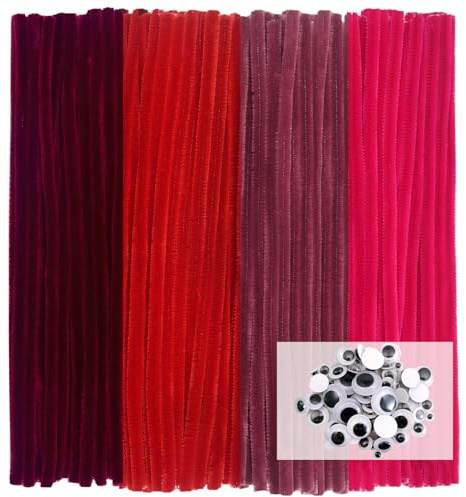 TOAOB 300 Stück Pfeifenputzer zum Basteln 4 Verschiedene Rot Chenilledraht | Pfeifenreiniger 6 mm x 30 cm, Pipe Cleaner Basteln Set, mit Wackelaugen Selbstklebende, für DIY Handwerksprojekte