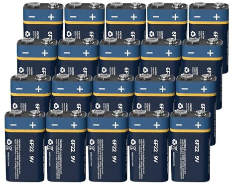 Pilas de 9V, 20 Unidades, Pila Carbono 9 Voltios Potencia Larga Duración Baja Autodescarga Pila 6F22 Multiusos para Detectores de Humo, Alarmas contra Incendios, Afeitadoras y Timbres
