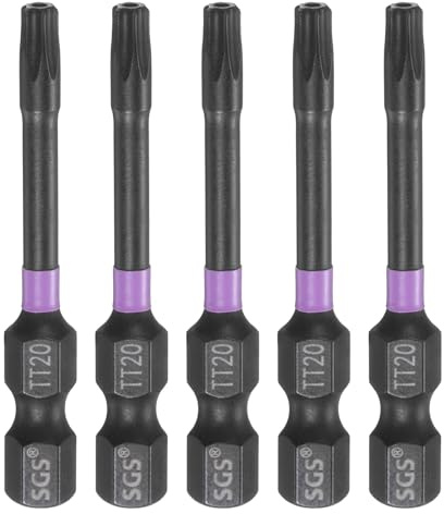sourcing map 5pcs TT20 Torx Testa Cacciavite Impact Bit 1/4 Hex Shank 2 (50mm) Lungo Magnetico Tamper Proof 6 Point Star Screw Driver Drill Bit Fosfato S2 Acciaio Utensili Elettrici con Foro