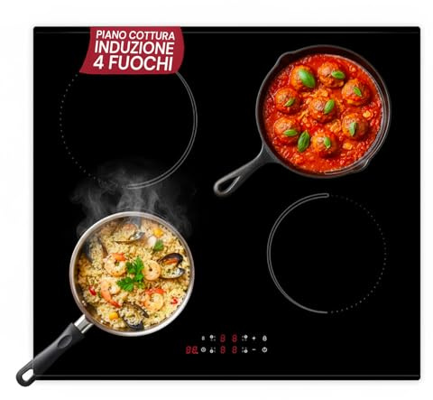 Avilia - Piano Cottura Induzione 4 Fuochi da Incasso con Controllo Touch, Timer 99 Minuti, Rilevamento Pentola e Blocco Bambini per Sicurezza e Cucina Facile da Pulire