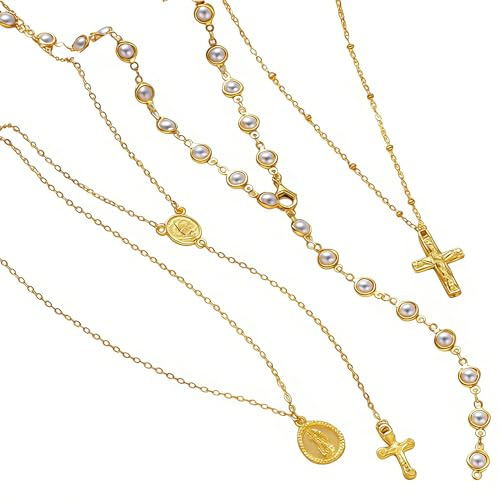 YUSHWENPTY Mehrreihige Halskette für Damen 4 PCS Layering Kette Gold Set Stapelbare Kette Gold Kreuz-Halskette Bohemian Rosenkranz Halskette Schmuck Accessoires, Geburtstagsgeschenk