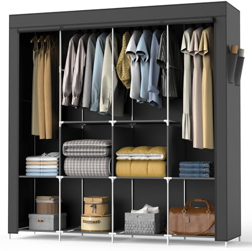 Huracan Kleiderschrank Stoffschrank Faltbar, Stabiler Schrank mit Kleiderstange & Ablagen, Textil Faltschrank mit Abdeckung, Tragbar für Schlafzimmer & Ankleidezimmer, 170 x 45 x 170 cm, Schwarz